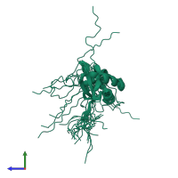 PDB entry 2kpm coloured by chain, ensemble of 20 models, side view.