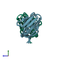 PDB entry 2kqn coloured by chain, ensemble of 20 models, side view.