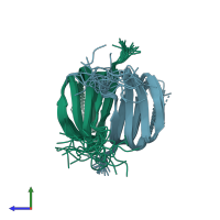 PDB entry 2ks0 coloured by chain, ensemble of 20 models, side view.