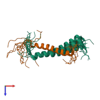 PDB entry 2ks1 coloured by chain, ensemble of 12 models, top view.
