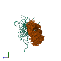 PDB entry 2ktb coloured by chain, ensemble of 20 models, side view.