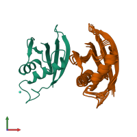 PDB entry 2ktr coloured by chain, ensemble of 10 models, front view.