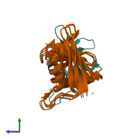 PDB entry 2ktr coloured by chain, ensemble of 10 models, side view.