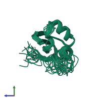 PDB entry 2kvi coloured by chain, ensemble of 20 models, side view.