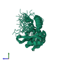 PDB entry 2kxf coloured by chain, ensemble of 20 models, side view.