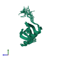 PDB entry 2kxg coloured by chain, ensemble of 10 models, side view.