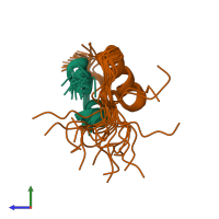 PDB entry 2kxk coloured by chain, ensemble of 20 models, side view.