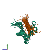 PDB entry 2kxw coloured by chain, ensemble of 21 models, side view.