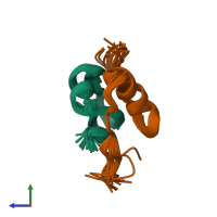 PDB entry 2l1y coloured by chain, ensemble of 20 models, side view.