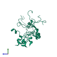 PDB entry 2l3h coloured by chain, ensemble of 8 models, side view.