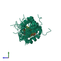 PDB entry 2l4d coloured by chain, ensemble of 20 models, side view.