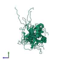 PDB entry 2l4r coloured by chain, ensemble of 20 models, side view.