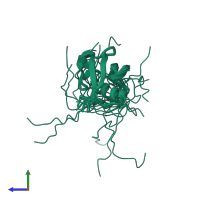 PDB entry 2l76 coloured by chain, ensemble of 20 models, side view.