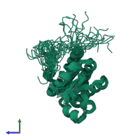 PDB entry 2l8b coloured by chain, ensemble of 20 models, side view.