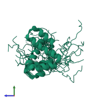 PDB entry 2l9j coloured by chain, ensemble of 20 models, side view.