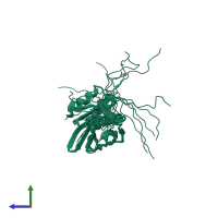 PDB entry 2lb6 coloured by chain, ensemble of 20 models, side view.