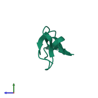 Monomeric assembly 1 of PDB entry 2lb7 coloured by chemically distinct molecules, side view.