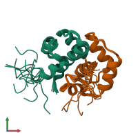 PDB entry 2lbf coloured by chain, ensemble of 10 models, front view.