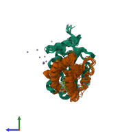 PDB entry 2leg coloured by chain, ensemble of 10 models, side view.