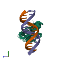 PDB entry 2lev coloured by chain, ensemble of 20 models, side view.