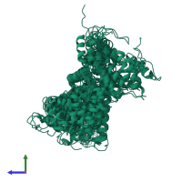 PDB entry 2lf4 coloured by chain, ensemble of 20 models, side view.
