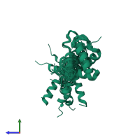 PDB entry 2lf6 coloured by chain, ensemble of 20 models, side view.