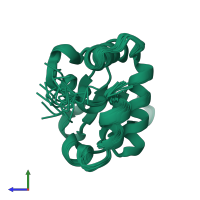 PDB entry 2lf7 coloured by chain, ensemble of 20 models, side view.