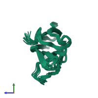 PDB entry 2lfe coloured by chain, ensemble of 16 models, side view.