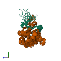 PDB entry 2lkm coloured by chain, ensemble of 20 models, side view.