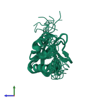 PDB entry 2lkv coloured by chain, ensemble of 10 models, side view.