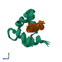 PDB entry 2llq coloured by chain, ensemble of 10 models, side view.