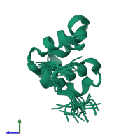 PDB entry 2llv coloured by chain, ensemble of 21 models, side view.