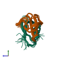 PDB entry 2lmc coloured by chain, ensemble of 10 models, side view.