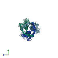 PDB entry 2lme coloured by chain, ensemble of 20 models, side view.