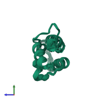 PDB entry 2lol coloured by chain, ensemble of 10 models, side view.