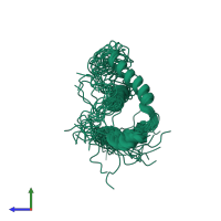PDB entry 2lon coloured by chain, ensemble of 20 models, side view.