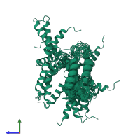 PDB entry 2loo coloured by chain, ensemble of 20 models, side view.