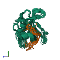 PDB entry 2loz coloured by chain, ensemble of 10 models, side view.