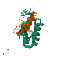 PDB entry 2lsi coloured by chain, ensemble of 15 models, side view.