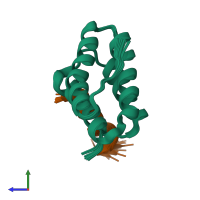 PDB entry 2lsj coloured by chain, ensemble of 20 models, side view.