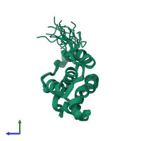 PDB entry 2lt3 coloured by chain, ensemble of 20 models, side view.