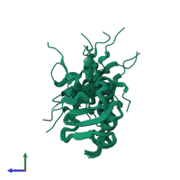 PDB entry 2ltm coloured by chain, ensemble of 20 models, side view.