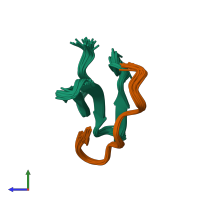 PDB entry 2lty coloured by chain, ensemble of 30 models, side view.