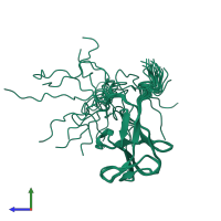PDB entry 2lu3 coloured by chain, ensemble of 20 models, side view.