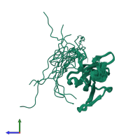 PDB entry 2lu4 coloured by chain, ensemble of 20 models, side view.