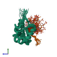 PDB entry 2lue coloured by chain, ensemble of 20 models, side view.