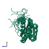 PDB entry 2lv8 coloured by chain, ensemble of 20 models, side view.