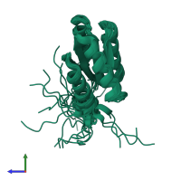 PDB entry 2lvb coloured by chain, ensemble of 20 models, side view.