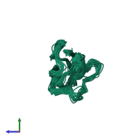 PDB entry 2lvc coloured by chain, ensemble of 20 models, side view.