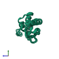 PDB entry 2lvf coloured by chain, ensemble of 12 models, side view.